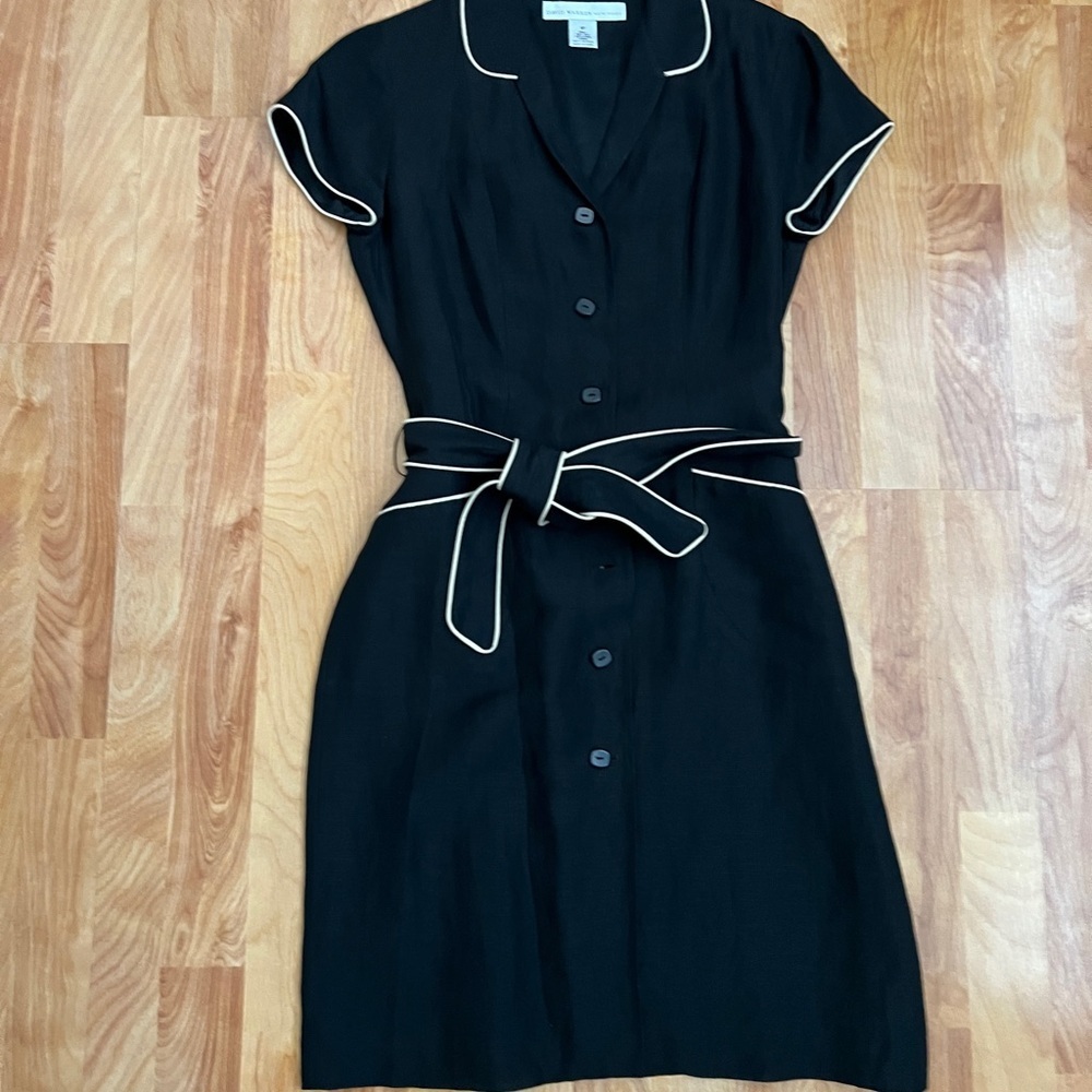 Vintage Black Silk Linen Shirt Dress with Cream Piping sz 6P